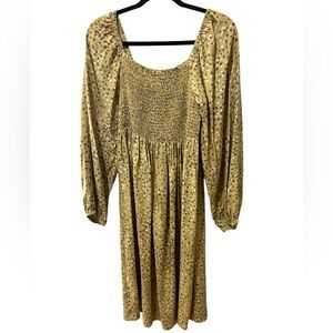 N|T Boho Midi Dress Mustard Long Balloon Sleeve Smocked  Cottagecore SZ L EUC